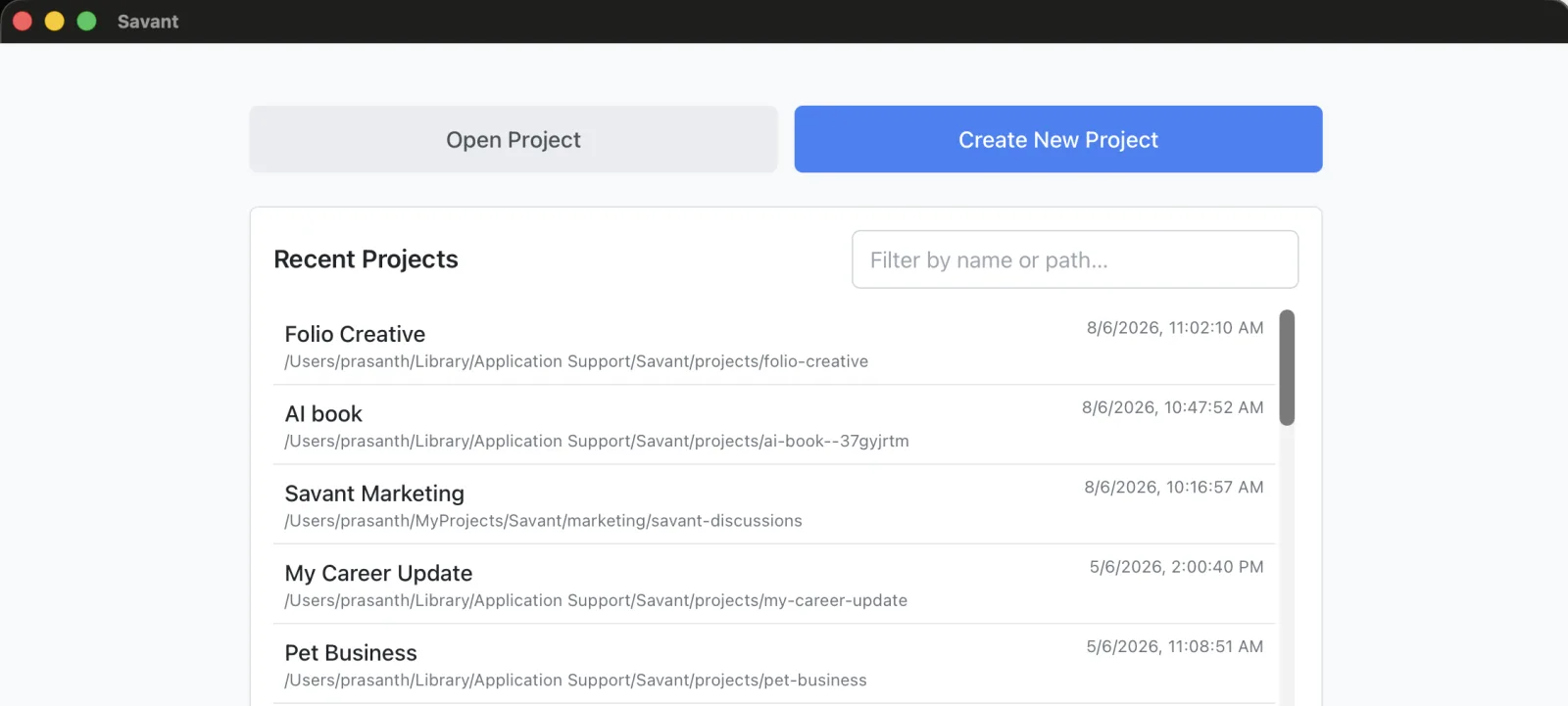 project picker with several projects in Recent