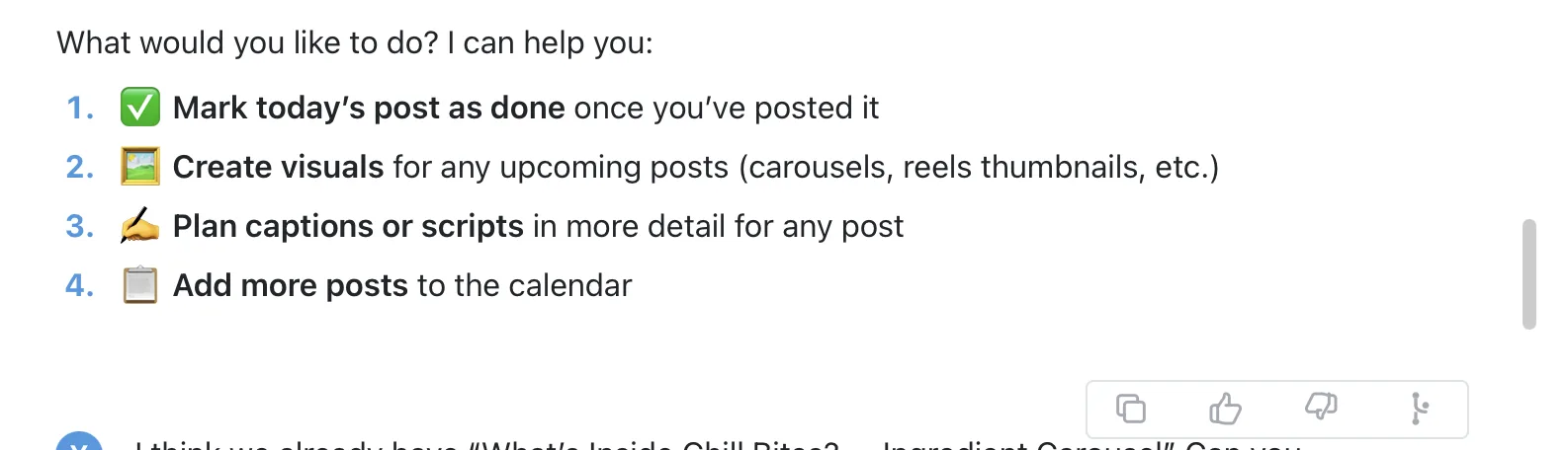 an assistant message with the copy / thumbs / fork action bar visible