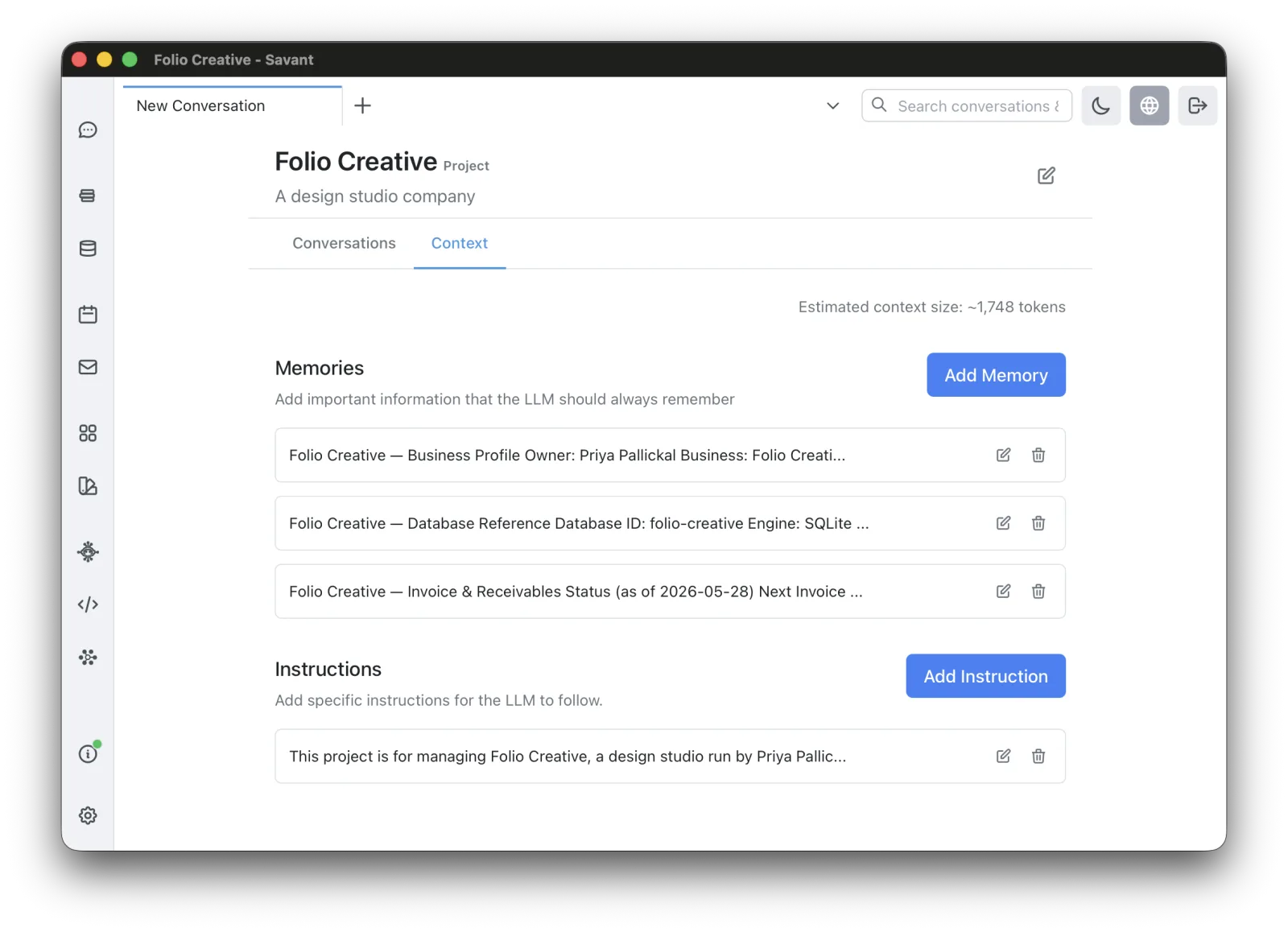 project Context tab showing Memories and Instructions
