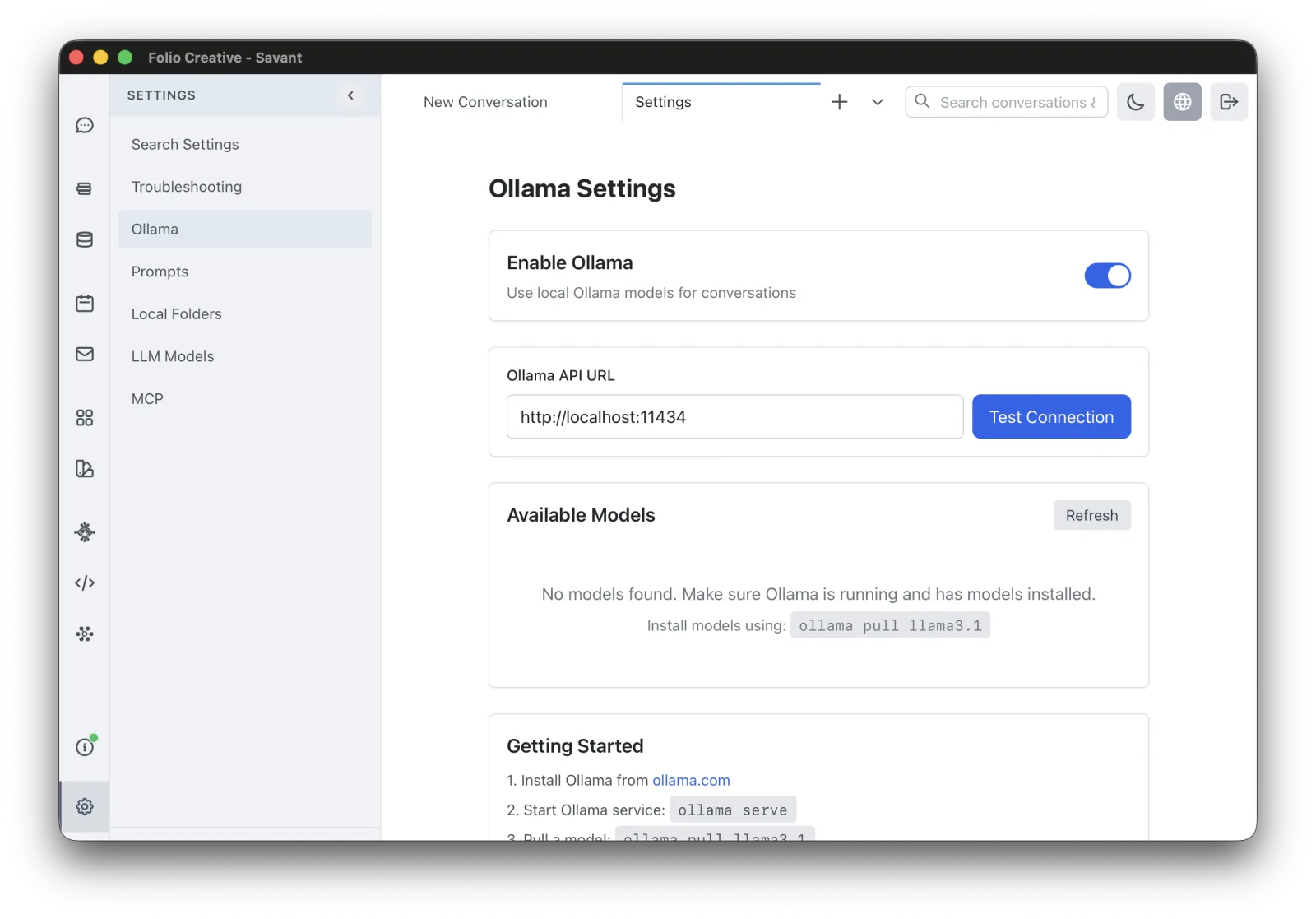 Settings → Ollama — Ollama API URL and Test Connection