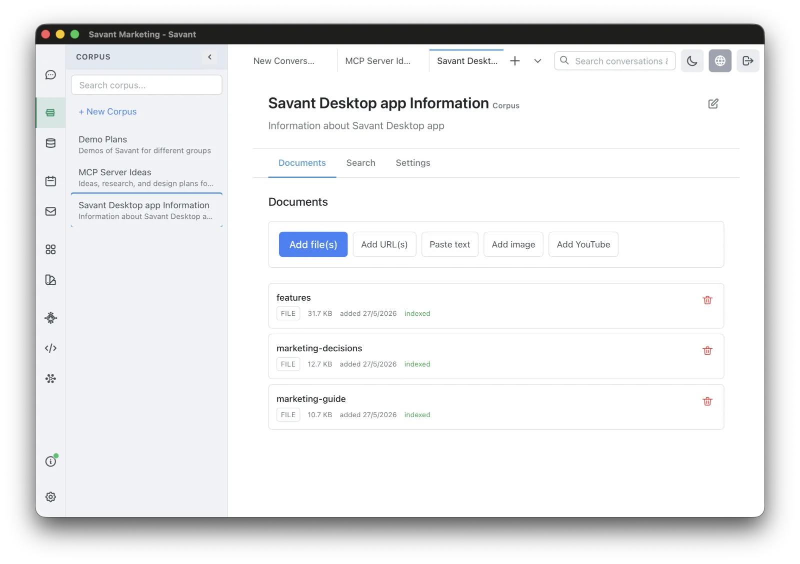Corpus sidebar with a corpus and its documents