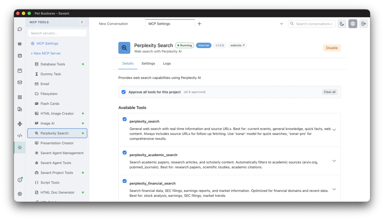 MCP Tools management screen