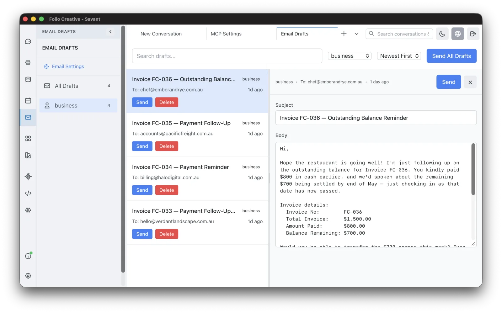 Email Drafts pane with an editable draft