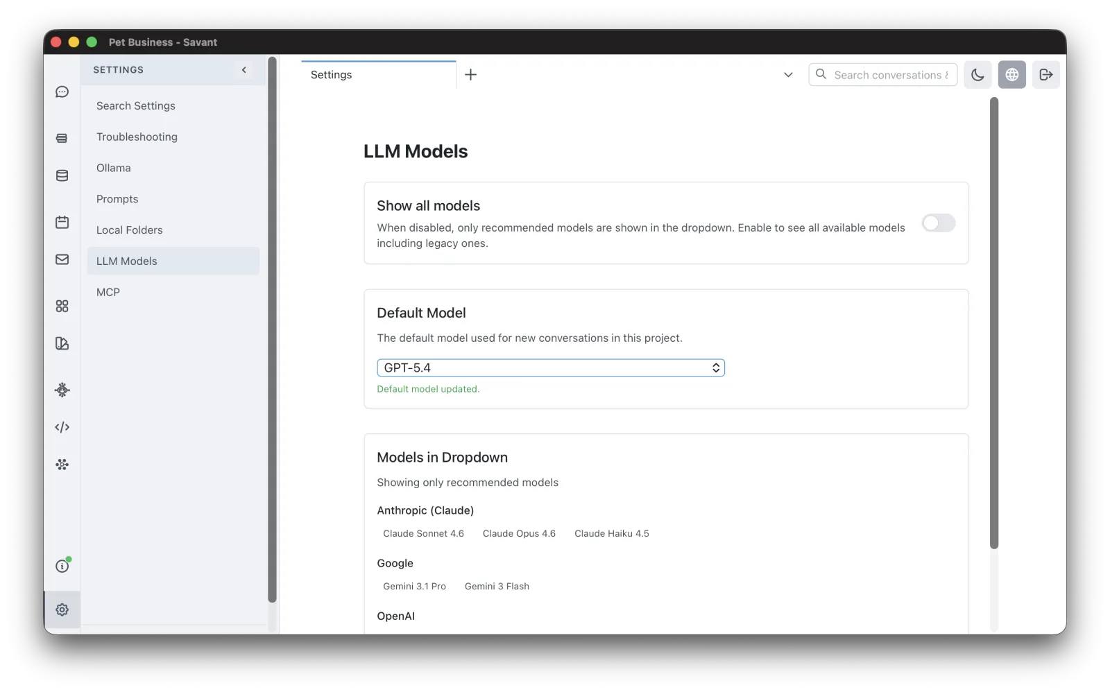 Settings with the section list and the LLM Models page open