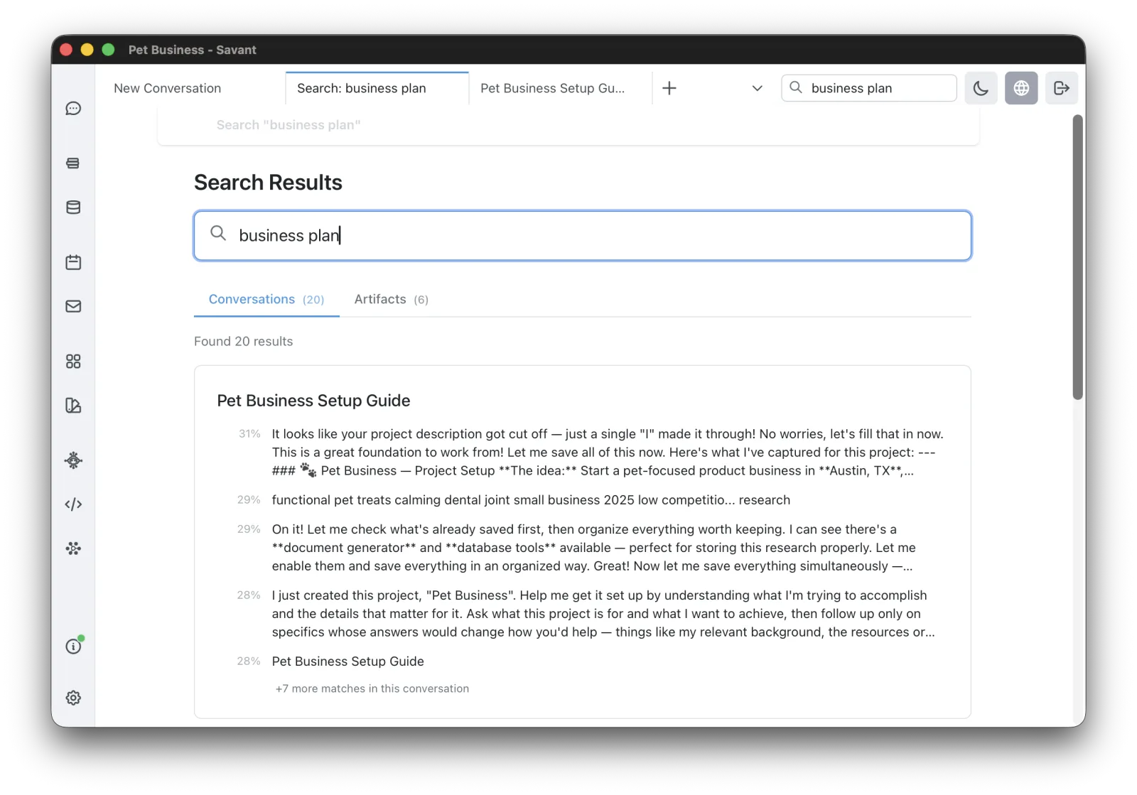search results with Conversations and Artifacts tabs