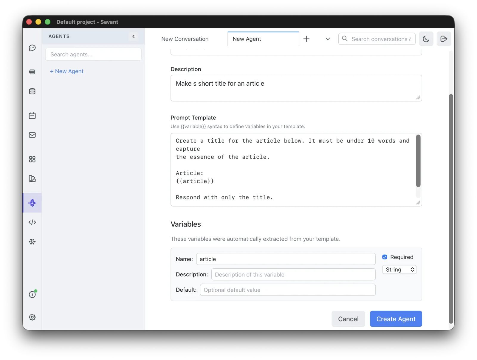 agent editor with prompt template and variables