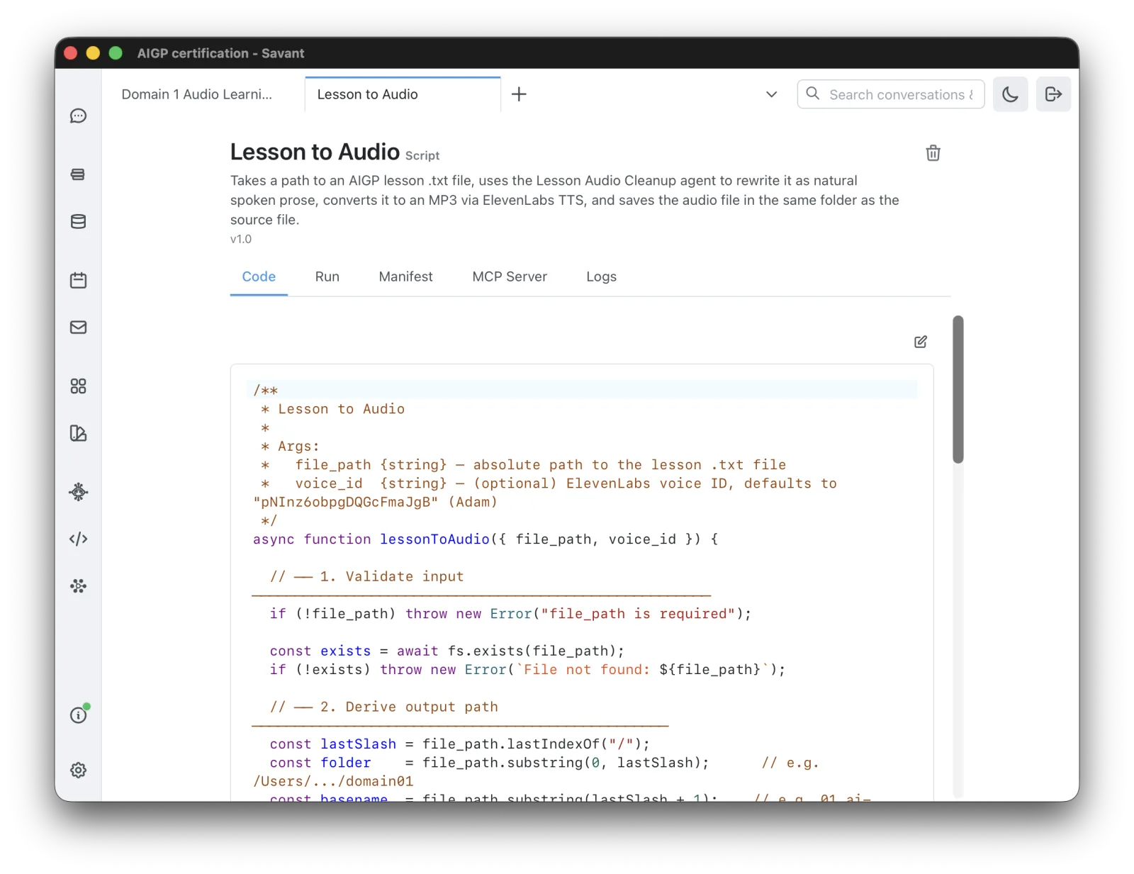 Scripts page with Code / Manifest / MCP Server / Logs tabs